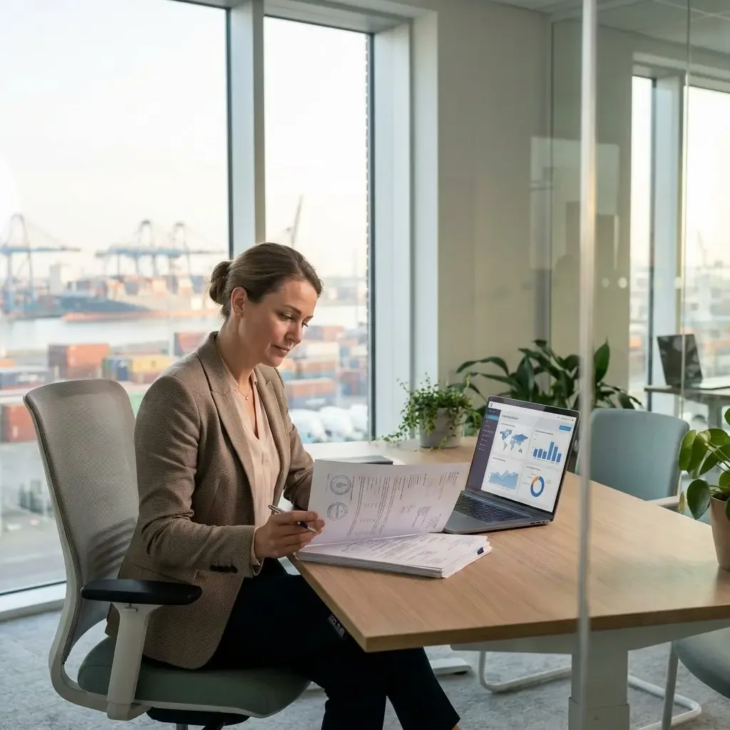 Businesswoman reviewing customs documents at a desk with a logistics dashboard on her laptop, overlooking a container port with cranes.